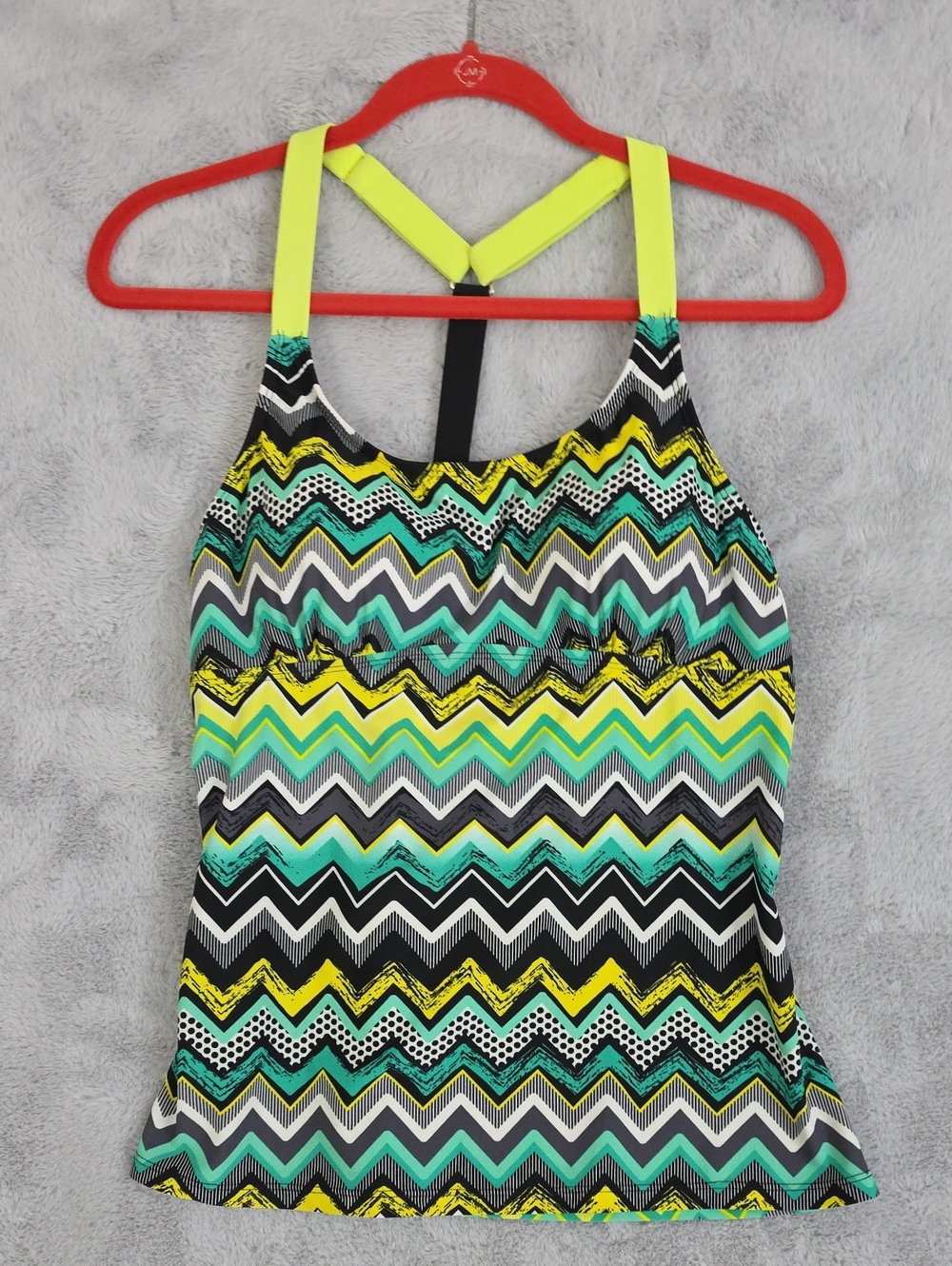 Chevron Print Swim Tankini Top Neon Yellow Aqua Black XL Padded Shelf Bra